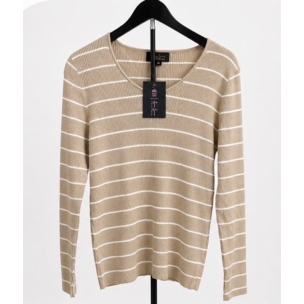 Ava Lane Boutique Tan White Striped Ribbed Knit Sweater XL NWT Long Sleeve Scoop